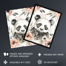 "Artery8 Sweet Panda Watercolour Portrait Wildflowers Cute Framed Art Print in Grey - Size: W12"" x H16""" - thumbnail 2