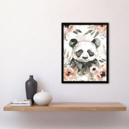"Artery8 Sweet Panda Watercolour Portrait Wildflowers Cute Framed Art Print in Grey - Size: W12"" x H16""" - thumbnail 4
