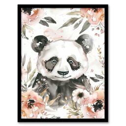"Artery8 Sweet Panda Watercolour Portrait Wildflowers Cute Framed Art Print in Grey - Size: W12"" x H16""" - thumbnail 1