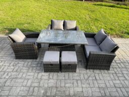 Fimous 7 Seater Rattan Outdoor Garden Furniture Sofa Set with 2 Small Footstool Dark Grey Mixed - thumbnail 1
