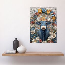 "Artery8 Blue Highland Cow Boho Floral Relief Portrait Wall Art Print - Size: W12"" x H16""" - thumbnail 4