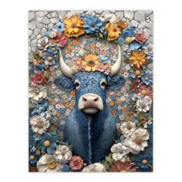 "Artery8 Blue Highland Cow Boho Floral Relief Portrait Wall Art Print - Size: W12"" x H16""" - thumbnail 1