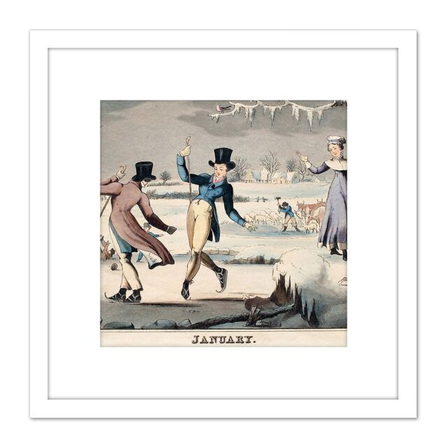 Artery8 Ice Skating January 1820 Winter Drawing 8X8 Inch Square Wooden Framed Wall Art Print Picture with Mount in White - image 1