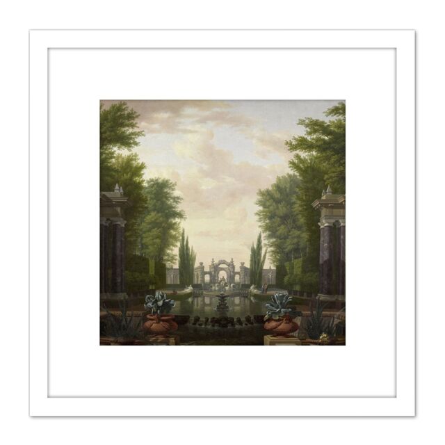 Artery8 De Moucheron Water Terrace Statues Fountains 8X8 Inch Square Wooden Framed Wall Art Print Picture with Mount in White - image 1