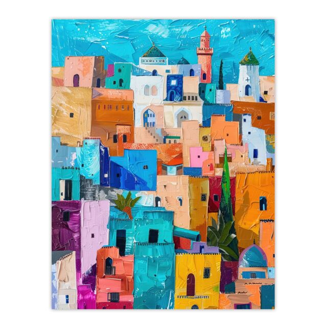"Artery8 Quirky Morocco Cityscape Oil Painting Colourful Wall Art Print in Blue - Size: W24"" x H32""" - image 1