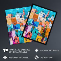 "Artery8 Quirky Morocco Cityscape Oil Painting Colourful Wall Art Print in Blue - Size: W24"" x H32""" - thumbnail 2