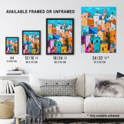 "Artery8 Quirky Morocco Cityscape Oil Painting Colourful Wall Art Print in Blue - Size: W24"" x H32""" - thumbnail 3
