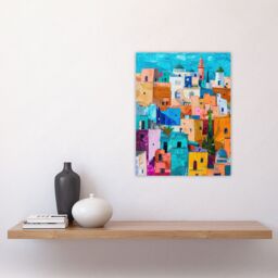 "Artery8 Quirky Morocco Cityscape Oil Painting Colourful Wall Art Print in Blue - Size: W24"" x H32""" - thumbnail 4