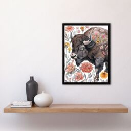 "Artery8 Stylised Majestic Bison in Spring Wildflowers Framed Wall Art in Brown - Size: W12"" x H16""" - thumbnail 4