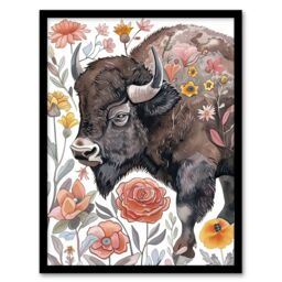 "Artery8 Stylised Majestic Bison in Spring Wildflowers Framed Wall Art in Brown - Size: W12"" x H16""" - thumbnail 1