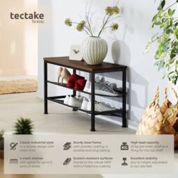 tectake Shoe Rack Derry - Surface Shelf & 2 Grid Shelves, Industrial Style in Dark Brown - thumbnail 2