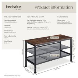tectake Shoe Rack Derry - Surface Shelf & 2 Grid Shelves, Industrial Style in Dark Brown - thumbnail 6