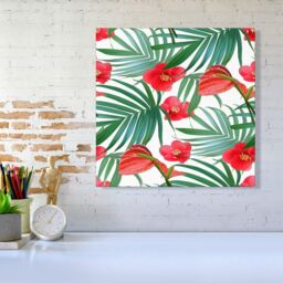 "Warren Reed - Designer Tropical Flowers & Palm Leaves Hawaiian Canvas in Green - Size: W16"" x H16""" - thumbnail 2
