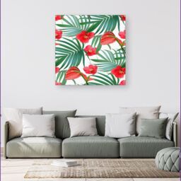 "Warren Reed - Designer Tropical Flowers & Palm Leaves Hawaiian Canvas in Green - Size: W16"" x H16""" - thumbnail 4