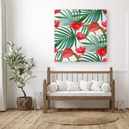 "Warren Reed - Designer Tropical Flowers & Palm Leaves Hawaiian Canvas in Green - Size: W16"" x H16""" - thumbnail 3