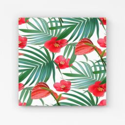 "Warren Reed - Designer Tropical Flowers & Palm Leaves Hawaiian Canvas in Green - Size: W16"" x H16""" - thumbnail 1