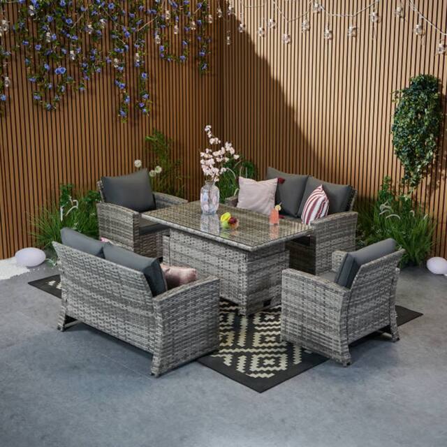 Furniture Maxi Outdoor Garden 6-seater Rattan Sofa Set With Lift Up Dining Table in Grey - image 1