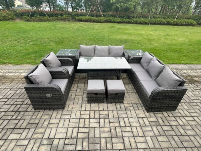 Fimous Outdoor Garden Patio Furniture Wicker Rattan Oblong Rectangular Dining Table & Lounge Sofa set with Adjustable Chair 2 Side Table in Dark Grey - image 1
