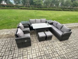 Fimous Outdoor Garden Patio Furniture Wicker Rattan Oblong Rectangular Dining Table & Lounge Sofa set with Adjustable Chair 2 Side Table in Dark Grey - thumbnail 2