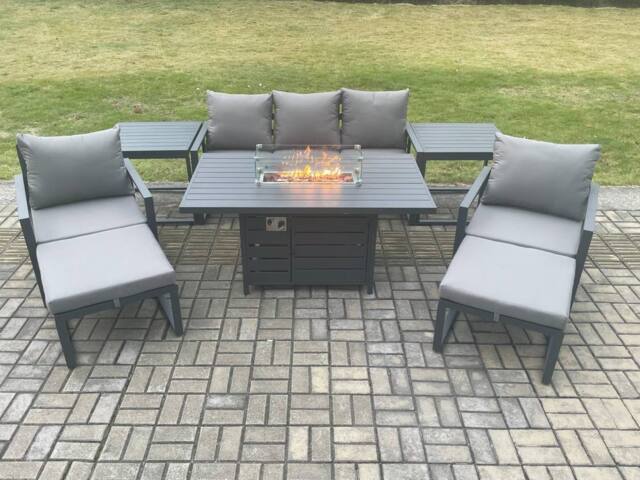 Fimous Aluminium Patio Outdoor Garden Furniture Lounge Sofa Set Gas Fire Pit Dining Table with 2 Side Tables 2 Big Footstools Dark Grey - image 1