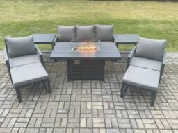 Fimous Aluminium Patio Outdoor Garden Furniture Lounge Sofa Set Gas Fire Pit Dining Table with 2 Side Tables 2 Big Footstools Dark Grey - thumbnail 1