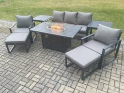 Fimous Aluminium Patio Outdoor Garden Furniture Lounge Sofa Set Gas Fire Pit Dining Table with 2 Side Tables 2 Big Footstools Dark Grey - thumbnail 2