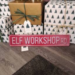 Samuel Alexander 50cm Red Metal Christmas Elf Workshop Road Sign Hanging Decoration - thumbnail 2