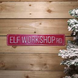 Samuel Alexander 50cm Red Metal Christmas Elf Workshop Road Sign Hanging Decoration - thumbnail 1