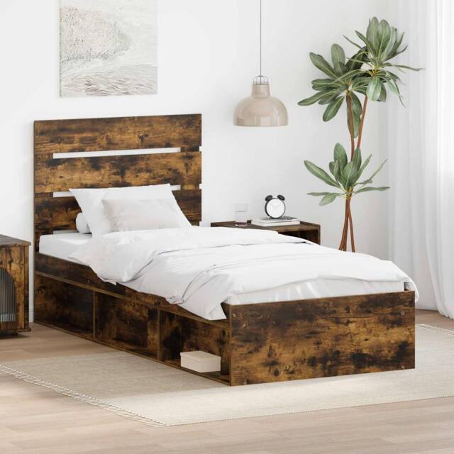 Berkfield Home Bed Frame with Headboard Smoked Oak 75 x 190 cm Solid Pine Wood in Brown - image 1