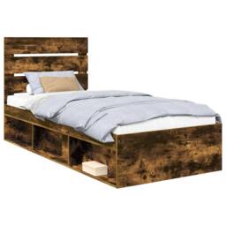Berkfield Home Bed Frame with Headboard Smoked Oak 75 x 190 cm Solid Pine Wood in Brown - thumbnail 2