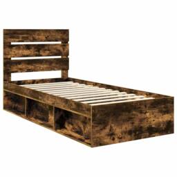Berkfield Home Bed Frame with Headboard Smoked Oak 75 x 190 cm Solid Pine Wood in Brown - thumbnail 4