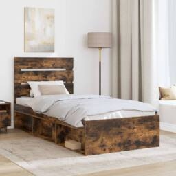 Berkfield Home Bed Frame with Headboard Smoked Oak 75 x 190 cm Solid Pine Wood in Brown - thumbnail 3