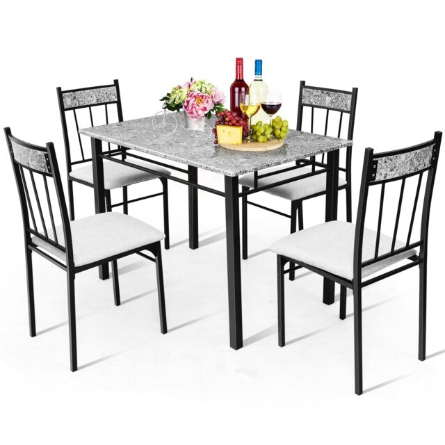 Costway Marble 5-piece Kitchen Dining Set Dining table w/Sponge Cushion-Grey in Grey - image 1