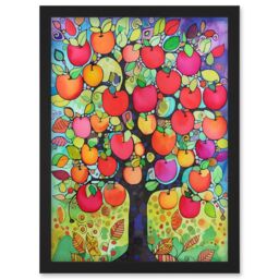Artery8 Apple Tree Folk Art Bright Watercolour Painting Artwork Framed Wall Art Print A4 in Black - thumbnail 1