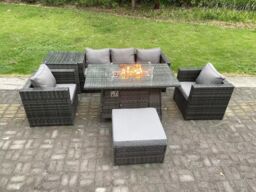 Fimous Outdoor PE Rattan Garden Furniture Gas Fire Pit Dining Table Armchairs With High Side Coffee Table Big Footstool in Dark Grey - thumbnail 3