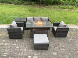 Fimous Outdoor PE Rattan Garden Furniture Gas Fire Pit Dining Table Armchairs With High Side Coffee Table Big Footstool in Dark Grey - thumbnail 1