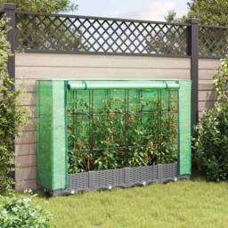 Berkfield Home Raised Bed with Greenhouse Cover Rattan Look 160x40x123 cm in Light Grey - Size: 160 x 40 x 123 cm - thumbnail 3