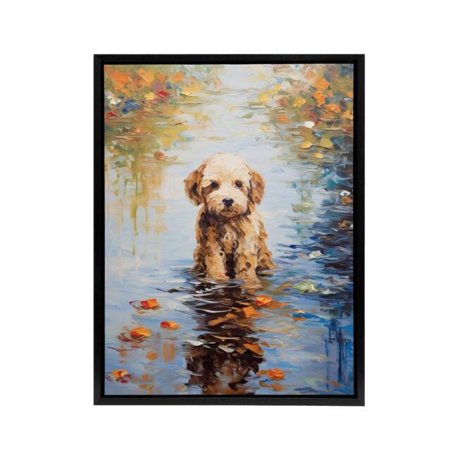 "Artery8 Cockapoo Dog & Autumn Leaves In Lake Framed Canvas Wall Art Print - Size: W12"" x H16""" - image 1