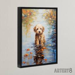 "Artery8 Cockapoo Dog & Autumn Leaves In Lake Framed Canvas Wall Art Print - Size: W12"" x H16""" - thumbnail 2