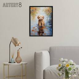 "Artery8 Cockapoo Dog & Autumn Leaves In Lake Framed Canvas Wall Art Print - Size: W12"" x H16""" - thumbnail 3