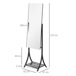 HOMCOM Freestanding Full Length Mirror Adjustable Full Body Mirror with Shelf in Black - thumbnail 3