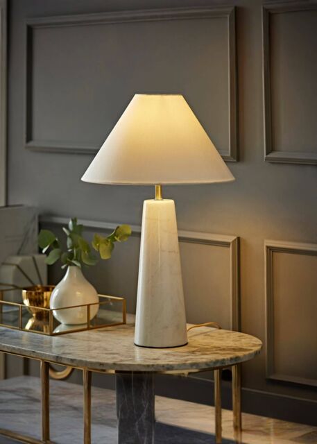 ValueLights Margot White Marble Base Table Lamp With Tapered Linen Lampshade - image 1