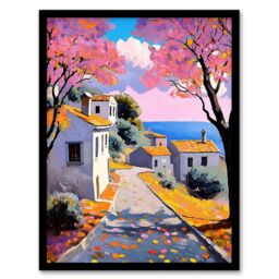 "Artery8 French Coastal Village With Cherry Blossoms Trees Framed Art Print - Size: W12"" x H16""" - thumbnail 1