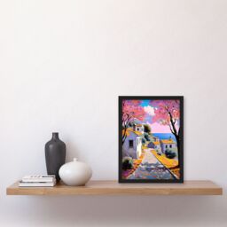 "Artery8 French Coastal Village With Cherry Blossoms Trees Framed Art Print - Size: W12"" x H16""" - thumbnail 4