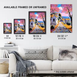 "Artery8 French Coastal Village With Cherry Blossoms Trees Framed Art Print - Size: W12"" x H16""" - thumbnail 3