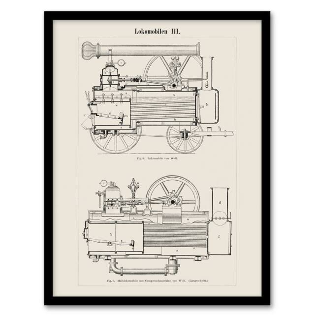"Artery8 Locomotive Train Engine Compartments Vintage Framed Wall Art Print in White - Size: W12"" x H16""" - image 1