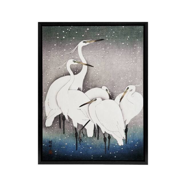 "Artery8 Group Of Egrets in Falling Snow Framed Canvas Wall Art Print Ohara Koson in Blue - Size: W12"" x H16""" - image 1