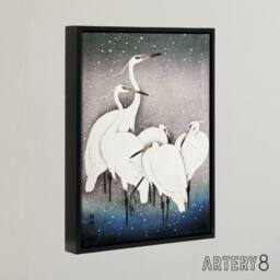 "Artery8 Group Of Egrets in Falling Snow Framed Canvas Wall Art Print Ohara Koson in Blue - Size: W12"" x H16""" - thumbnail 2