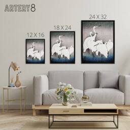 "Artery8 Group Of Egrets in Falling Snow Framed Canvas Wall Art Print Ohara Koson in Blue - Size: W12"" x H16""" - thumbnail 4