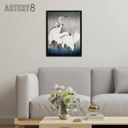 "Artery8 Group Of Egrets in Falling Snow Framed Canvas Wall Art Print Ohara Koson in Blue - Size: W12"" x H16""" - thumbnail 3